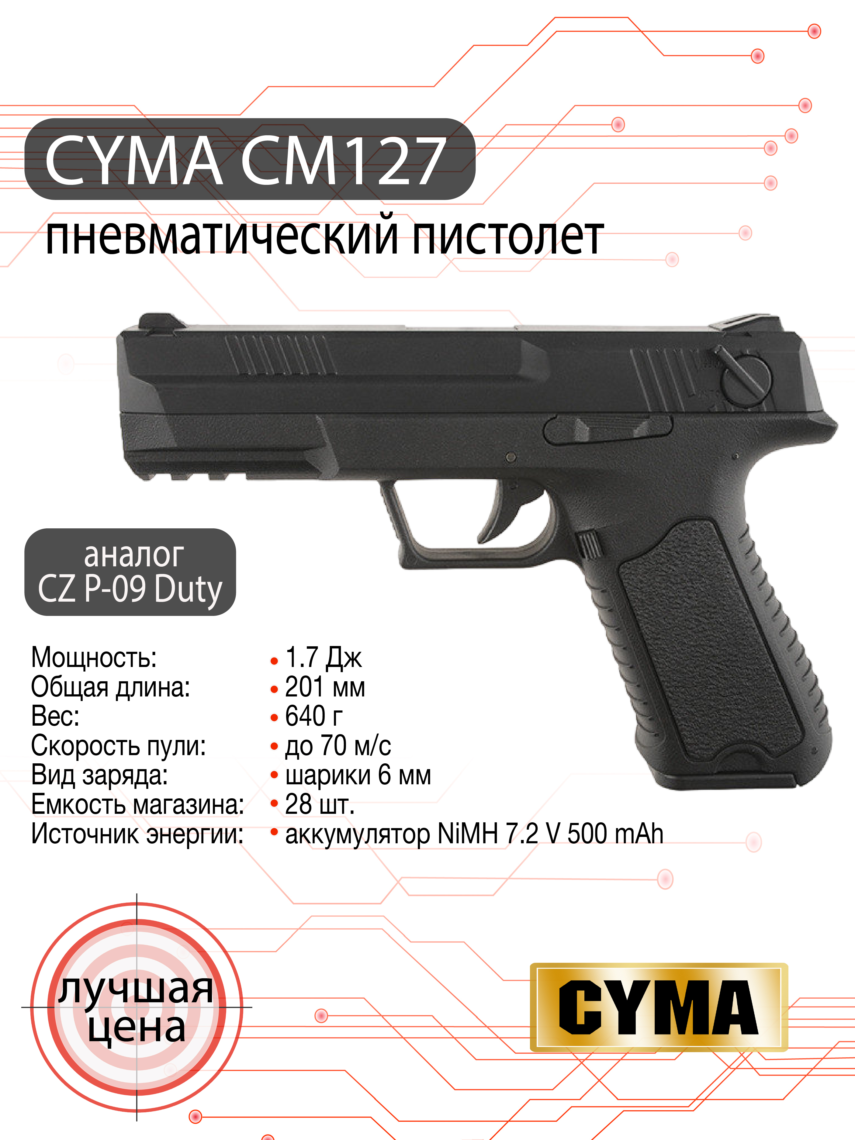 Пистолет страйкбольный (Cyma) CM127 PHANTOM, AEP, автомат, ЗУ, АКБ
