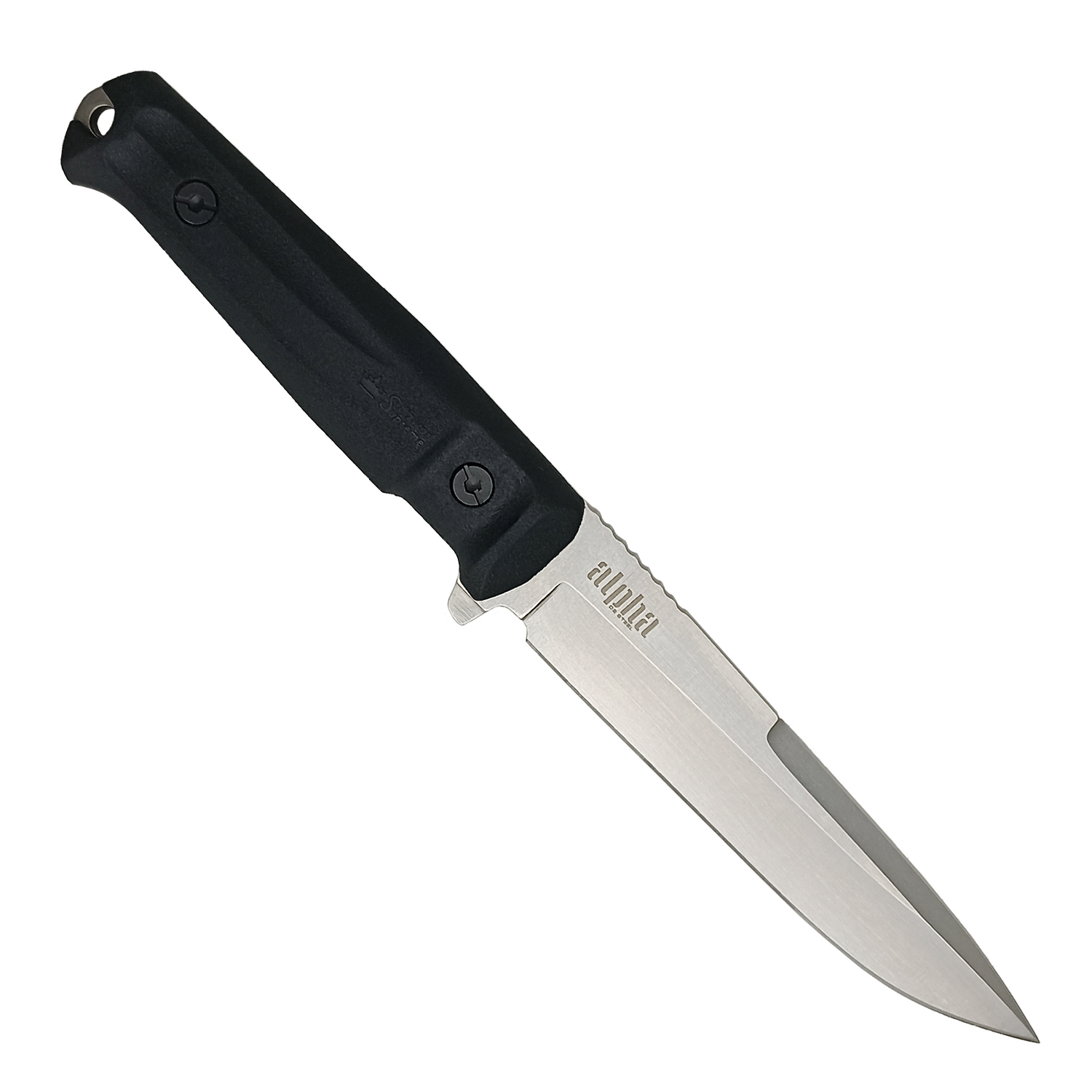 Нож Alpha D2 SW BKH CMS (Stonewash, Черная рукоять, Камо ножны)