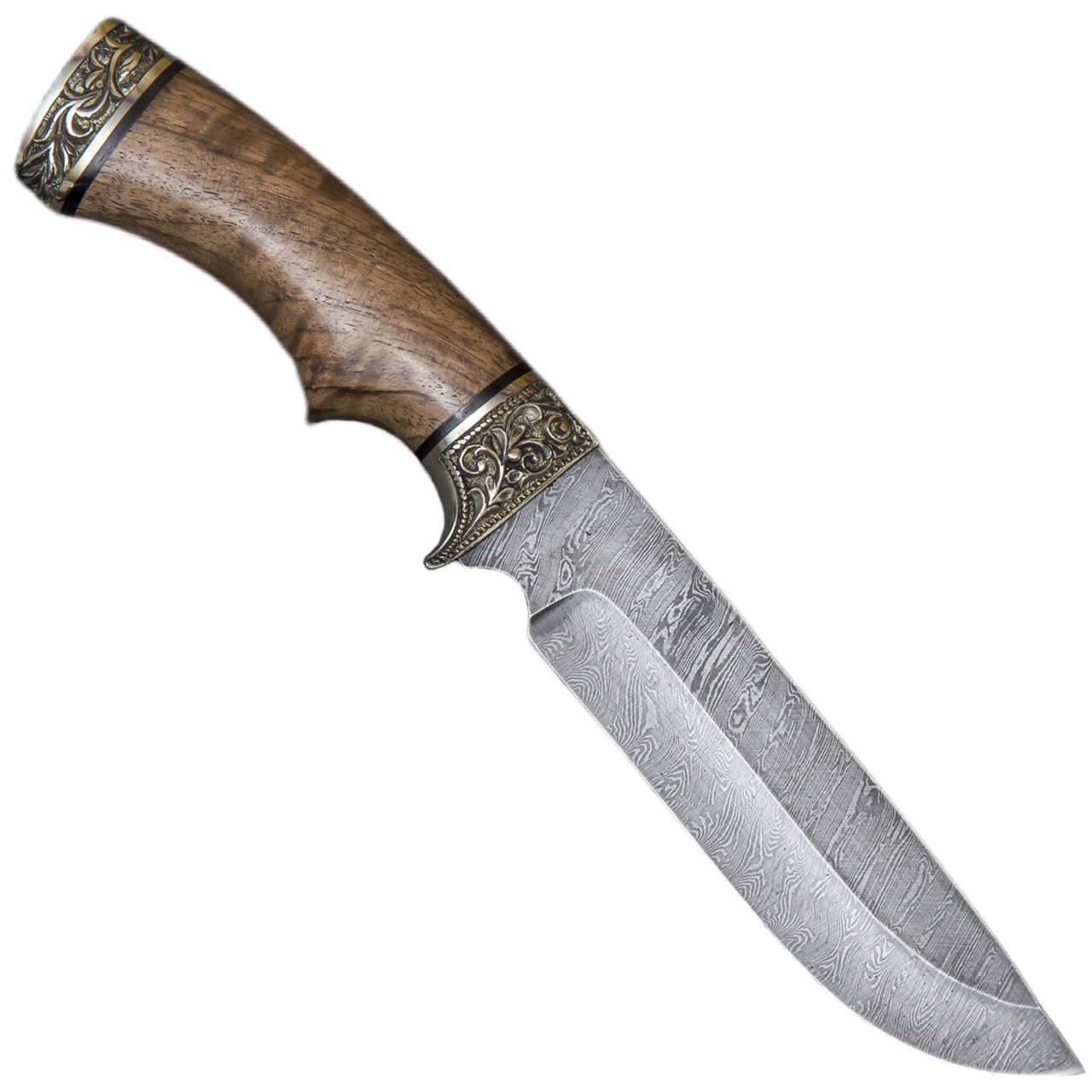 Нож "Лорд" дамасская сталь, литье, орех (кап), гравировка, Семина
