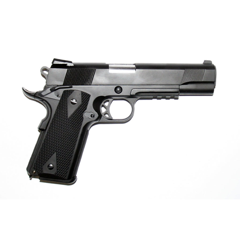 Пистолет страйкбольный (WE) Colt М1911А1 черная рукоять, металл, рельса WE-E001B