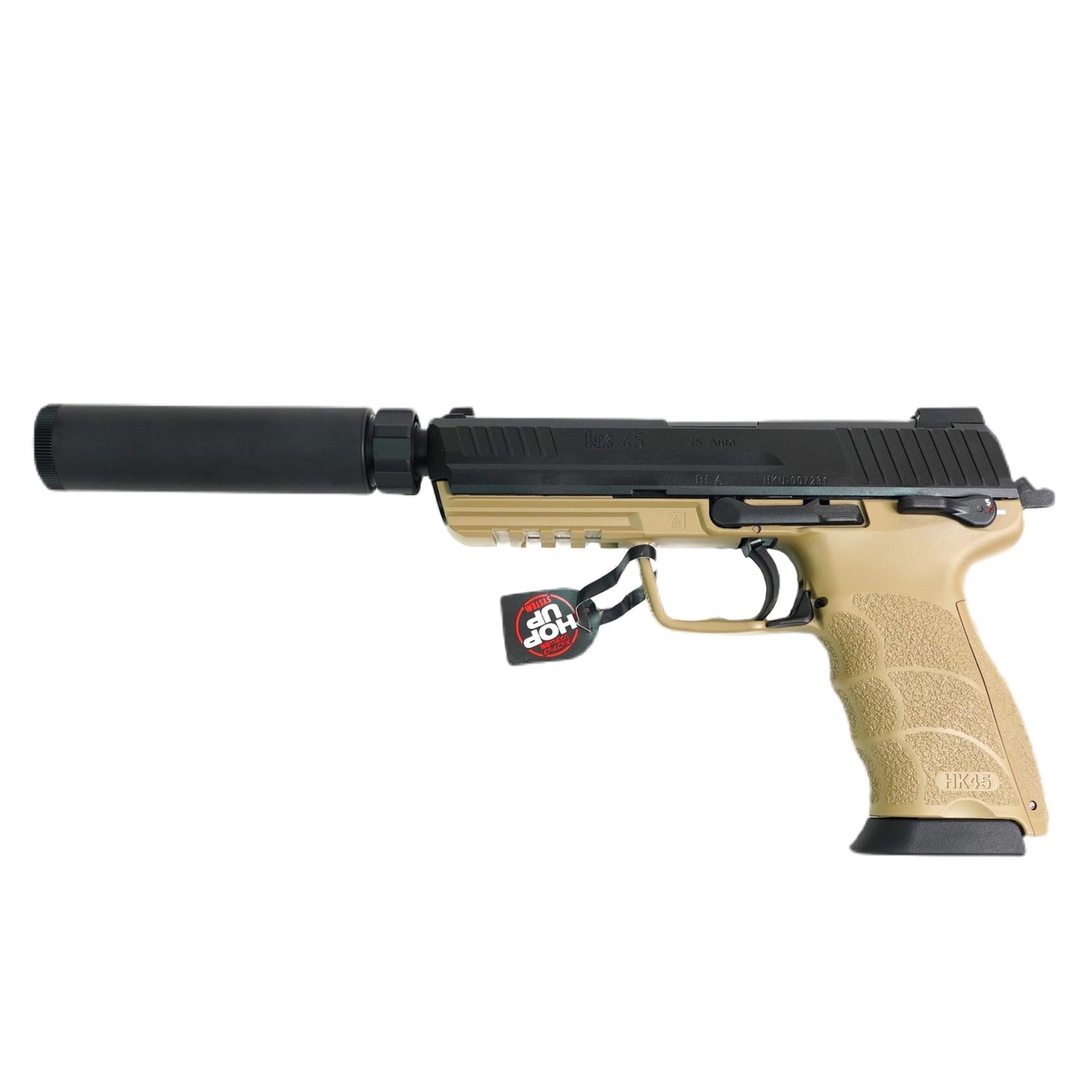 Пистолет страйкбольный (Tokyo marui) HK45 Tactical GBB, черный/тан, модератор 142764