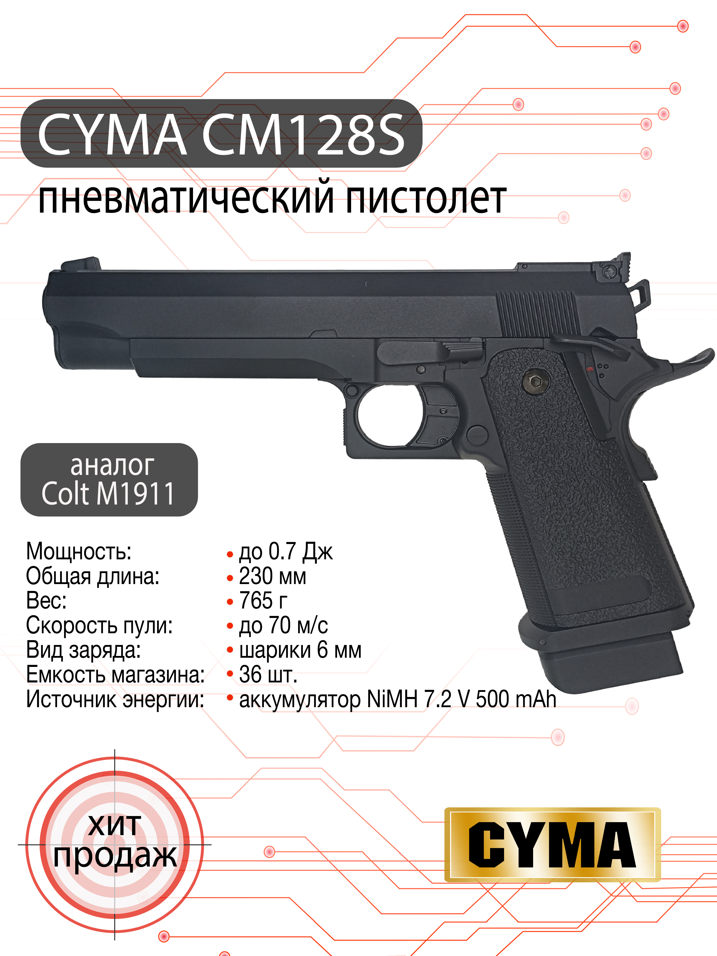 Пистолет страйкбольный (CYMA) CM128S, Colt 1911 HiCapa, CYMA, AEP