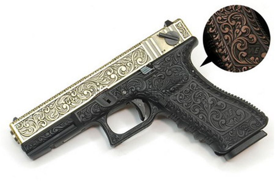 Пистолет страйкбольный (WE) Glock-17 gen3, металл слайд, под бронзу с гравировкой WE-G001BOX-IV